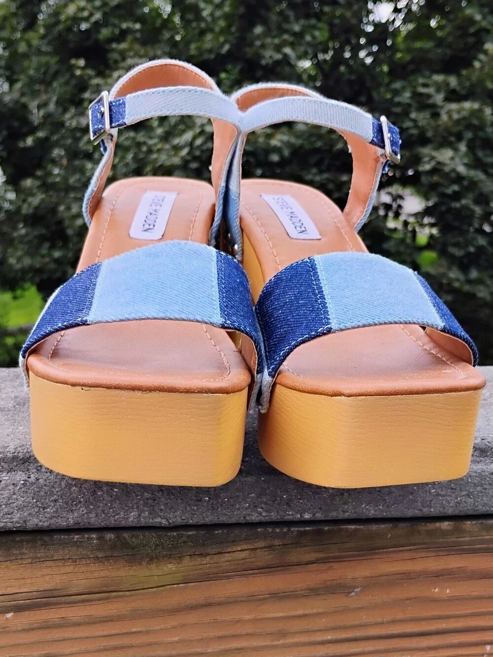 Steve Madden Patchwork Denim Platform Sandals Heatwave Blue Multi Boho NWOT 8
